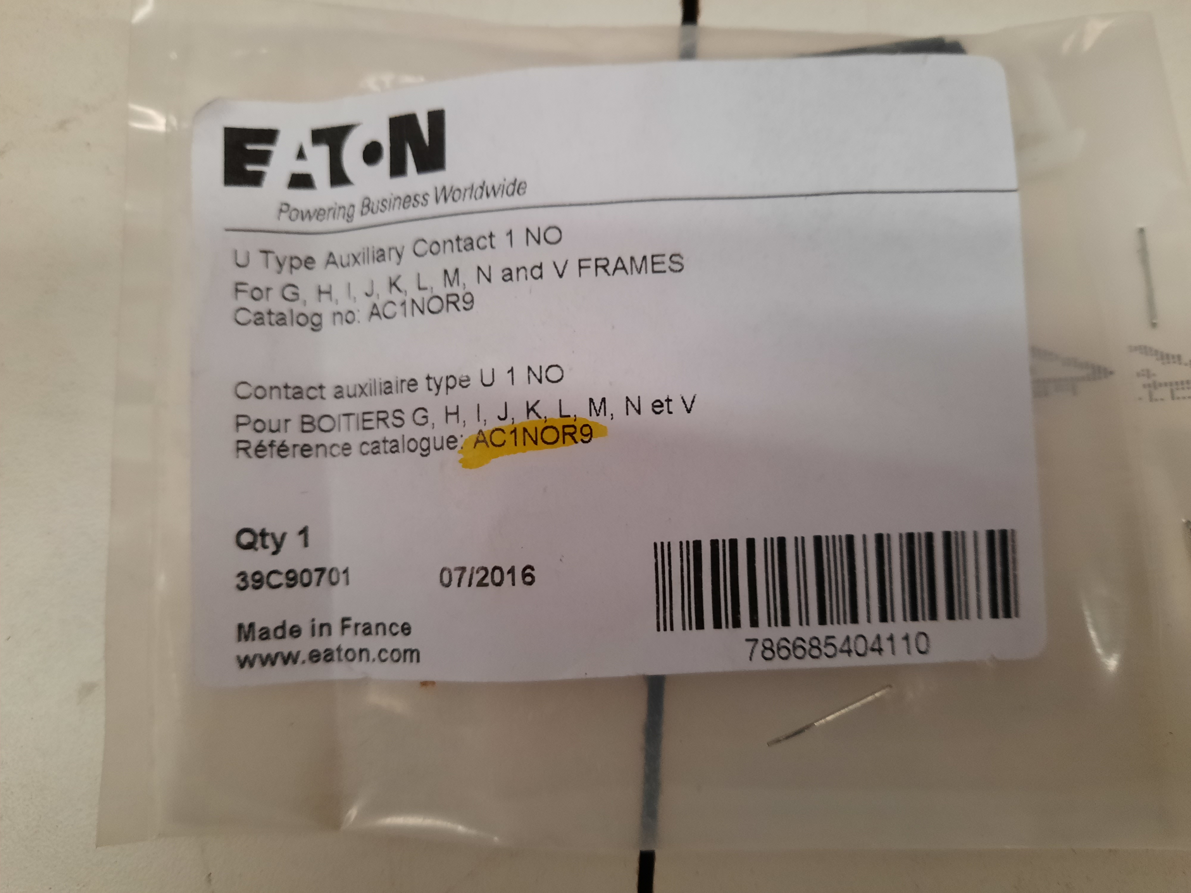 Eaton AC1NOR9 Auxiliary Contact Switch