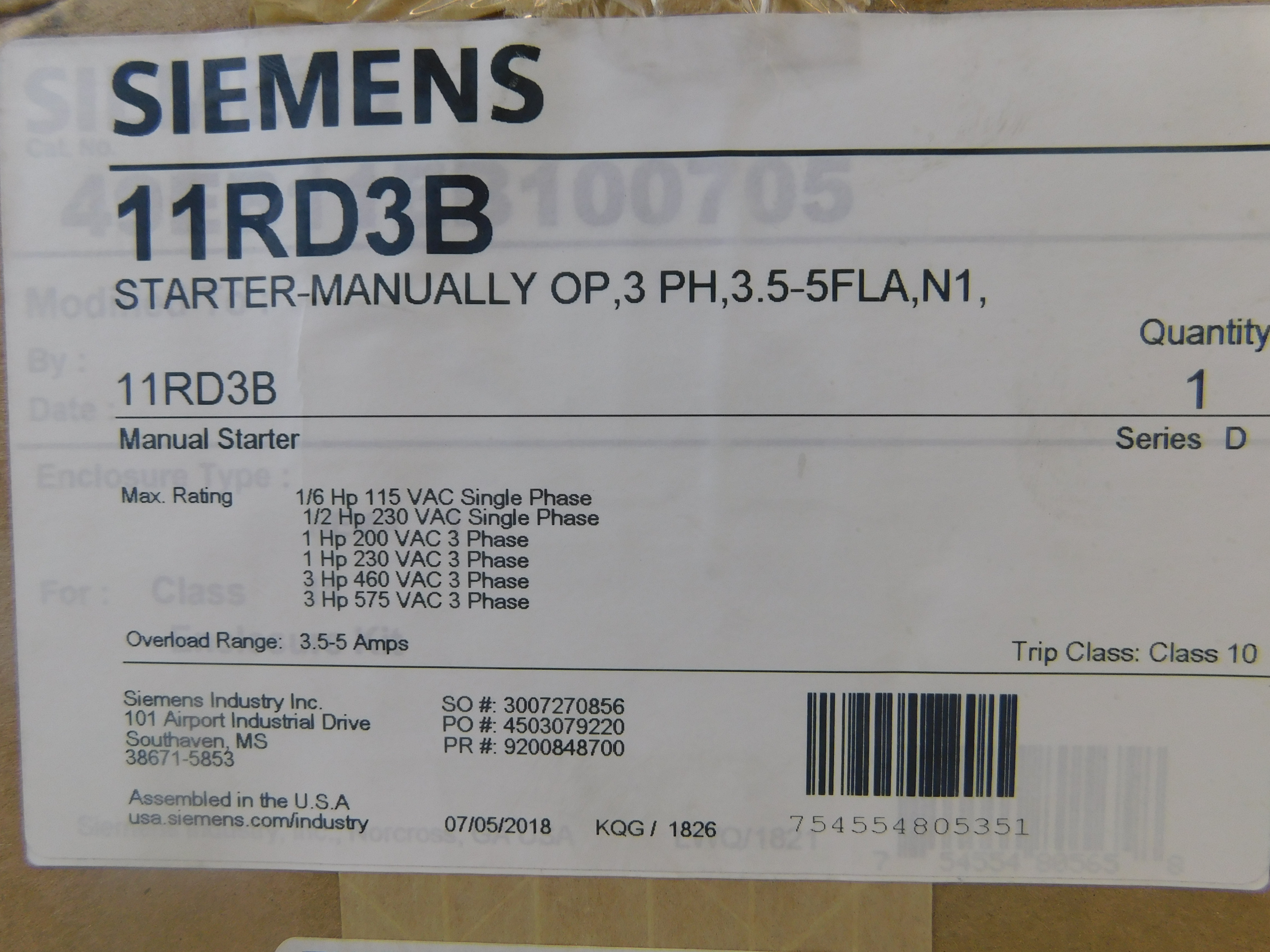 Siemens 11RD3B Manual Motor Starter