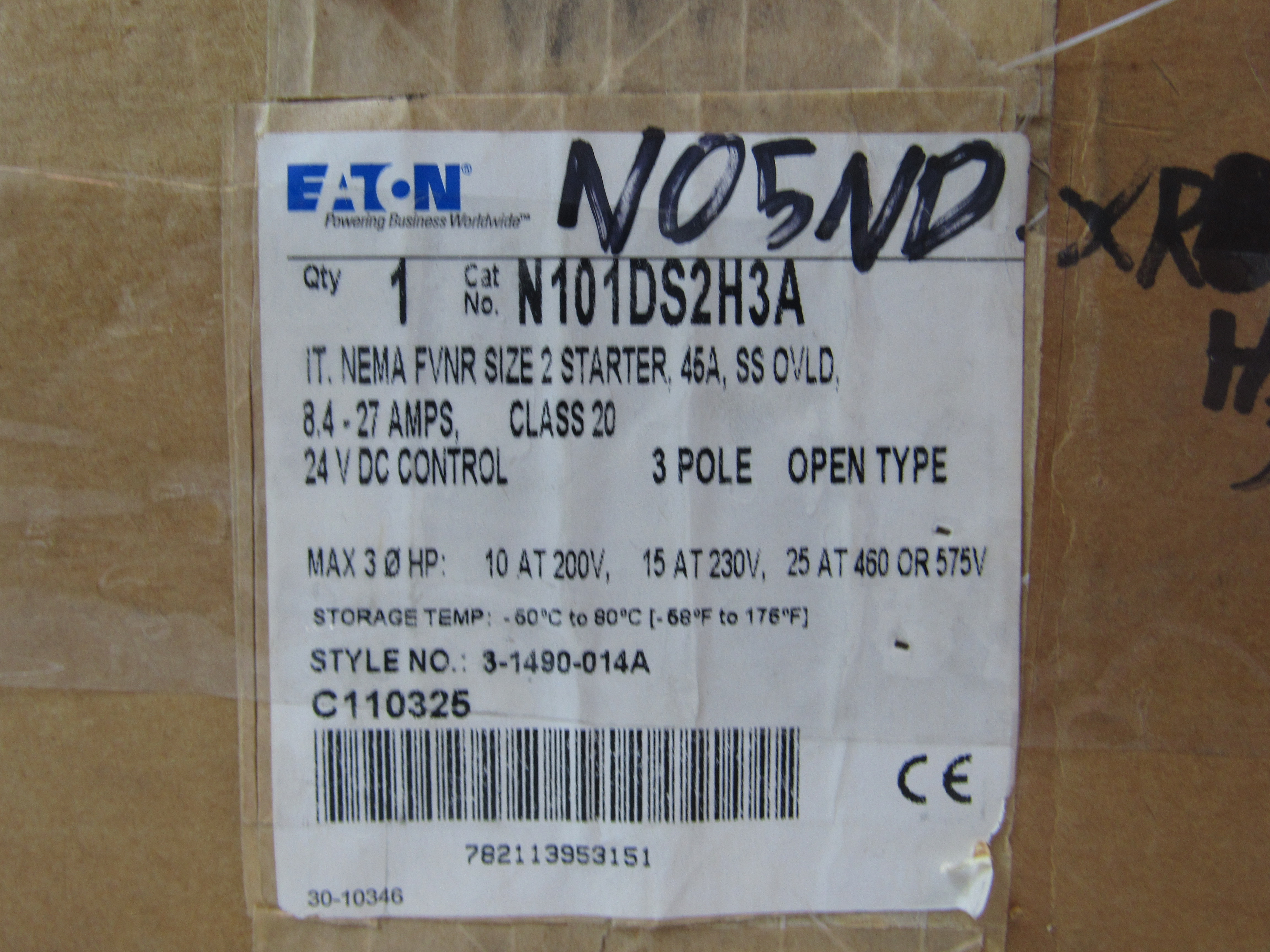 Eaton N101DS2H3A Non-Combination Starter Open 3P 45A 24V 50/60Hz NEMA Size 2