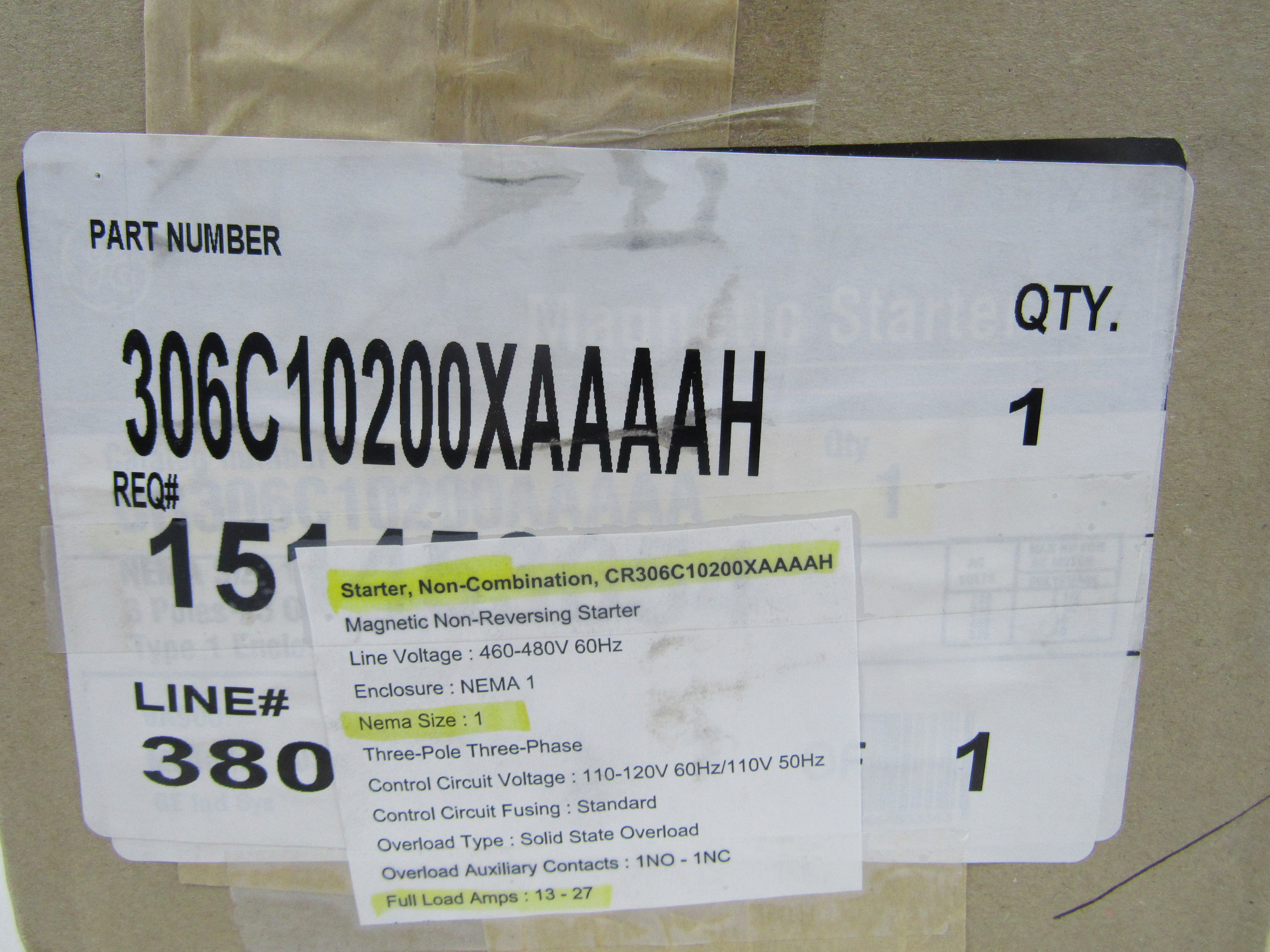 306C10200XAAAAH Non-Combination Starter Non-Reversing 3P 13-27A 120V 50/60Hz 1NO 1NC NEMA Type 1