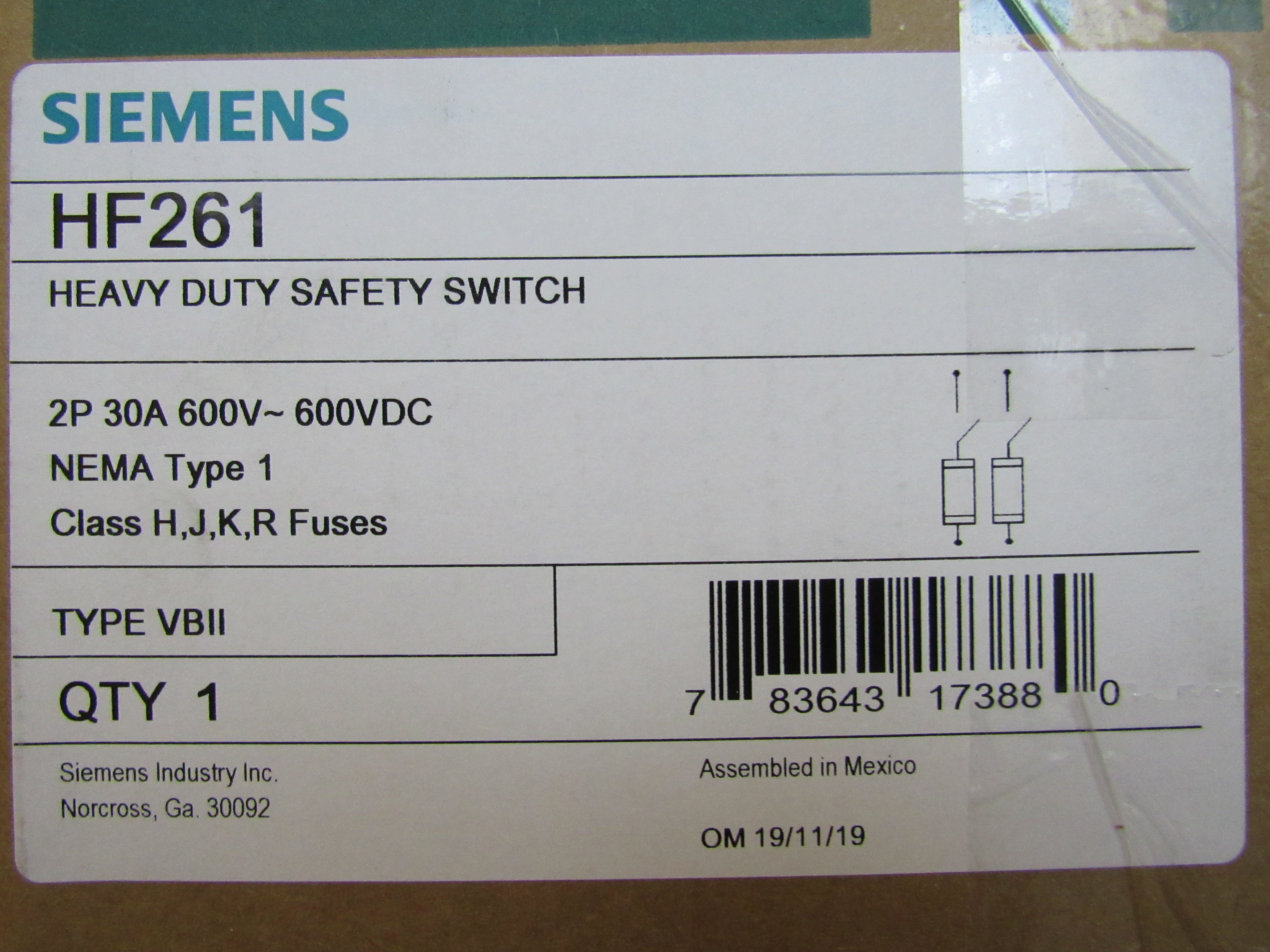 Siemens HF261 Single Throw Safety Switch