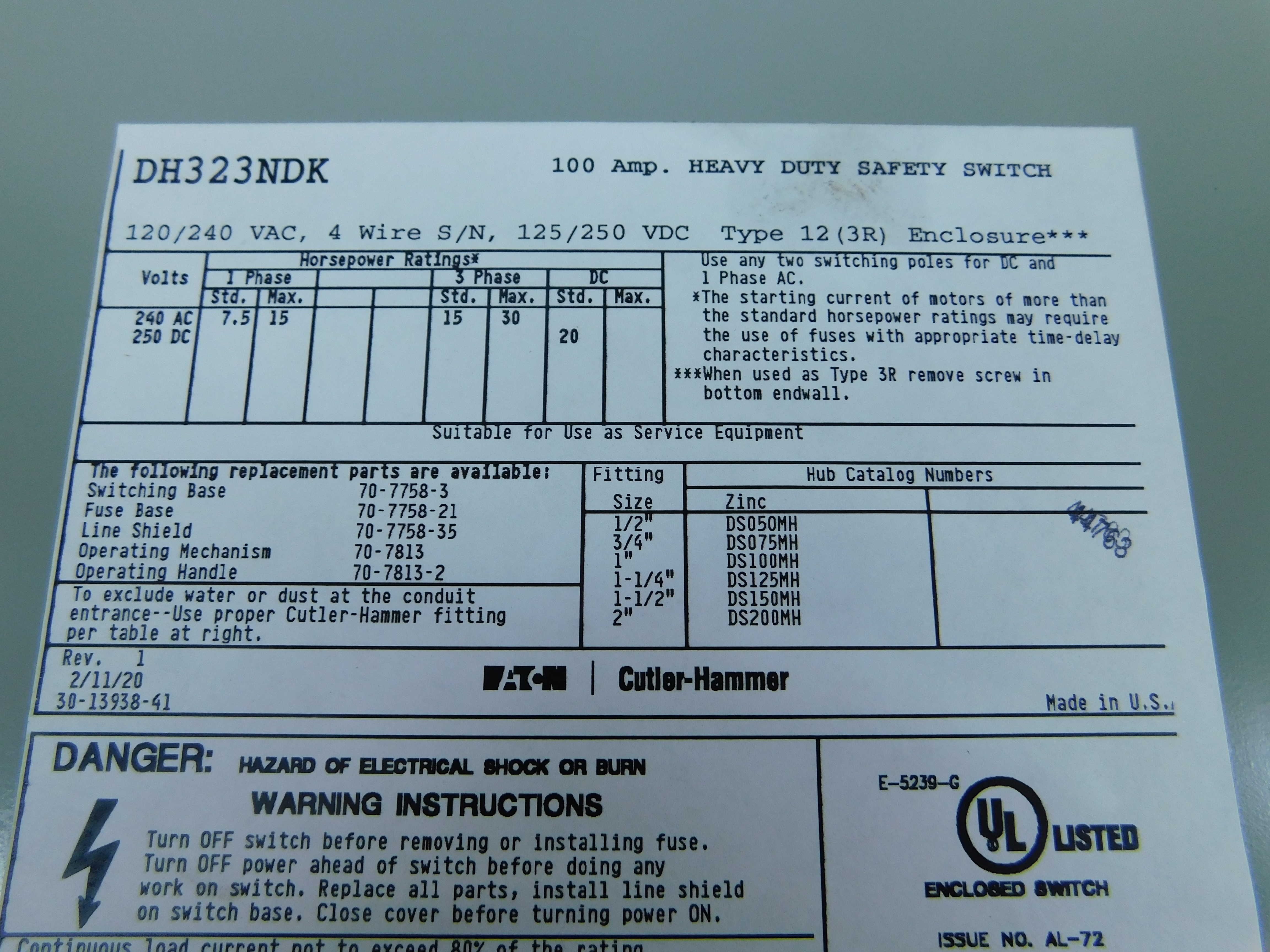 Eaton DH323NDK Single Throw Safety Switch