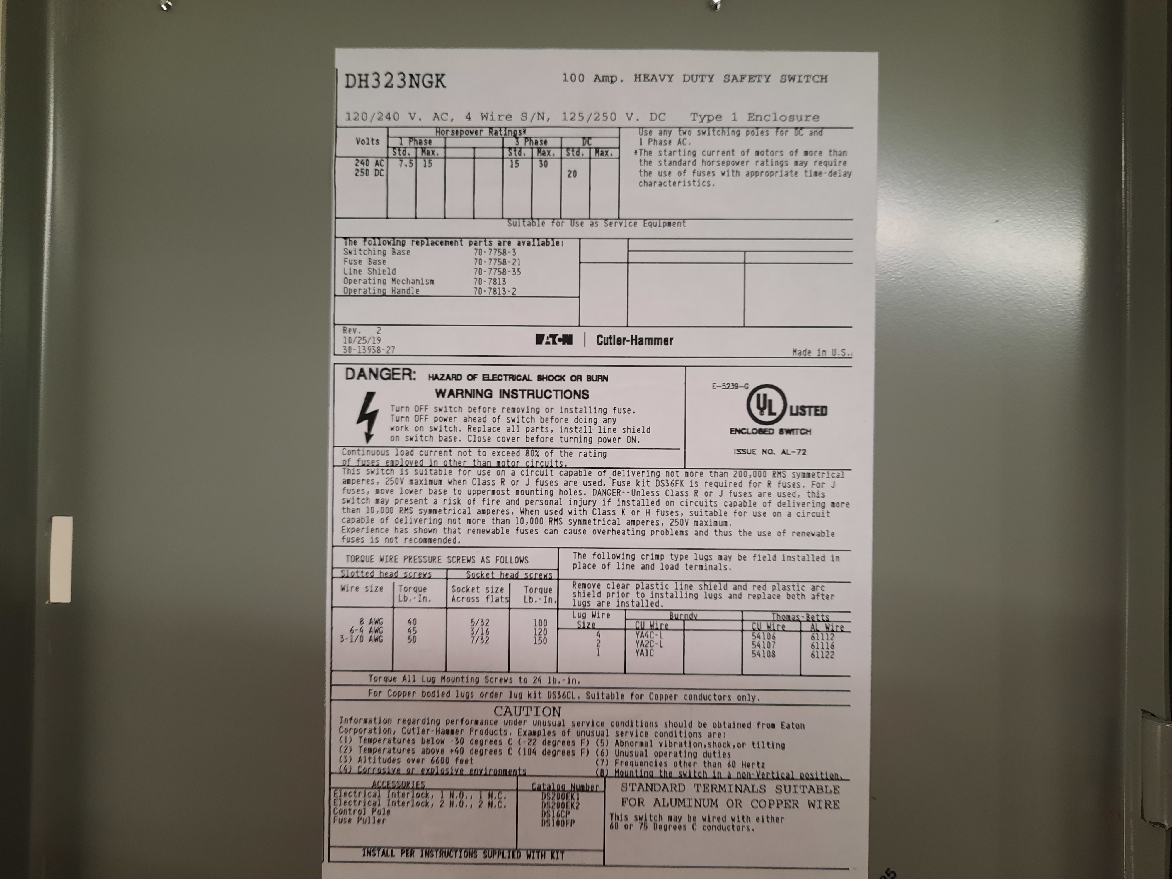 Eaton DH323NGK Single Throw Safety Switch (Used)