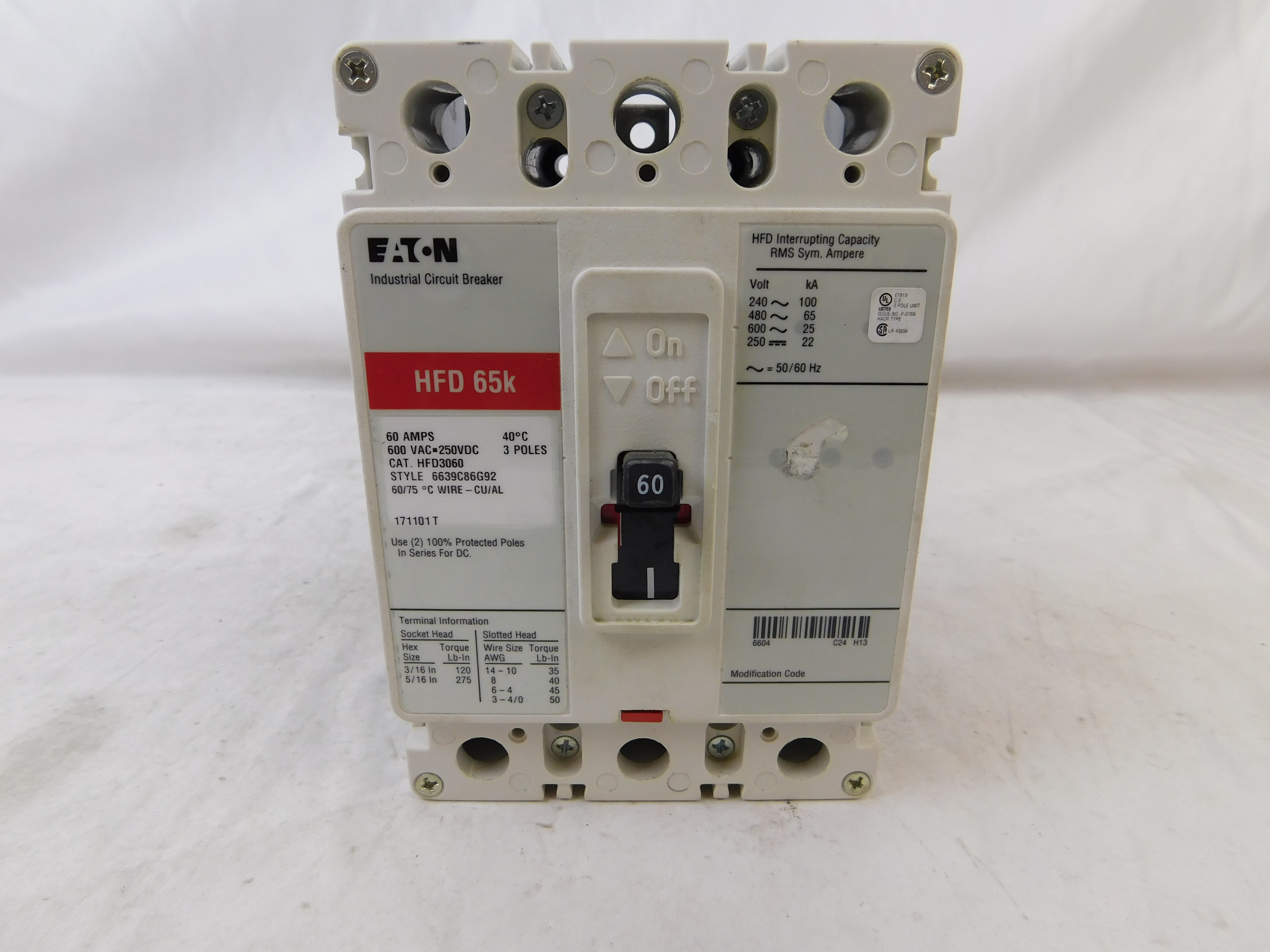 Eaton HFD3060 Non-Interchangeable Trip Circuit Breaker (Used)