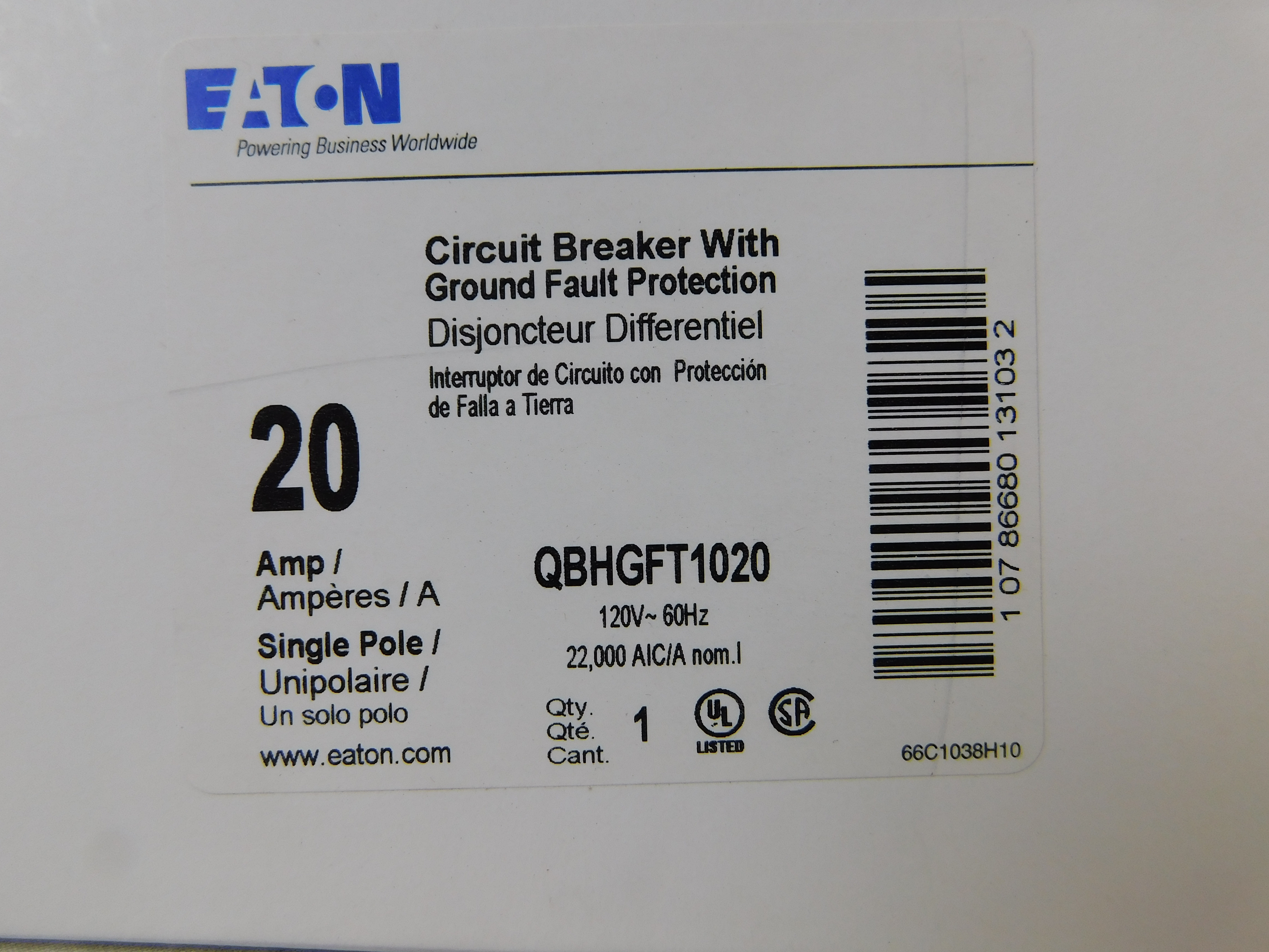 Eaton QBHGFT1020 Ground Fault Circuit Breaker