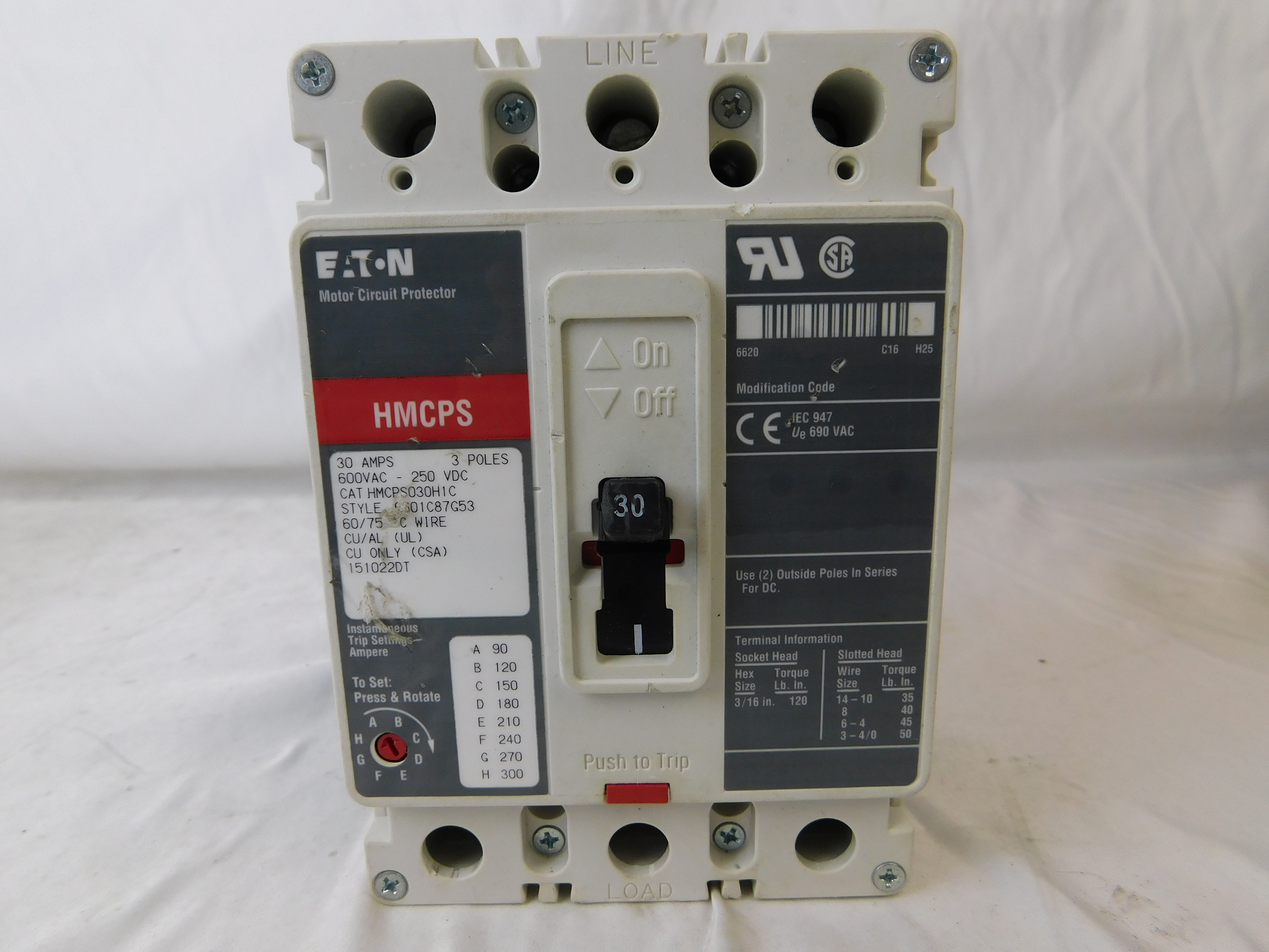 Eaton HMCPS030H1C Molded Case Circuit Breaker Motor Circuit Protector (Used)