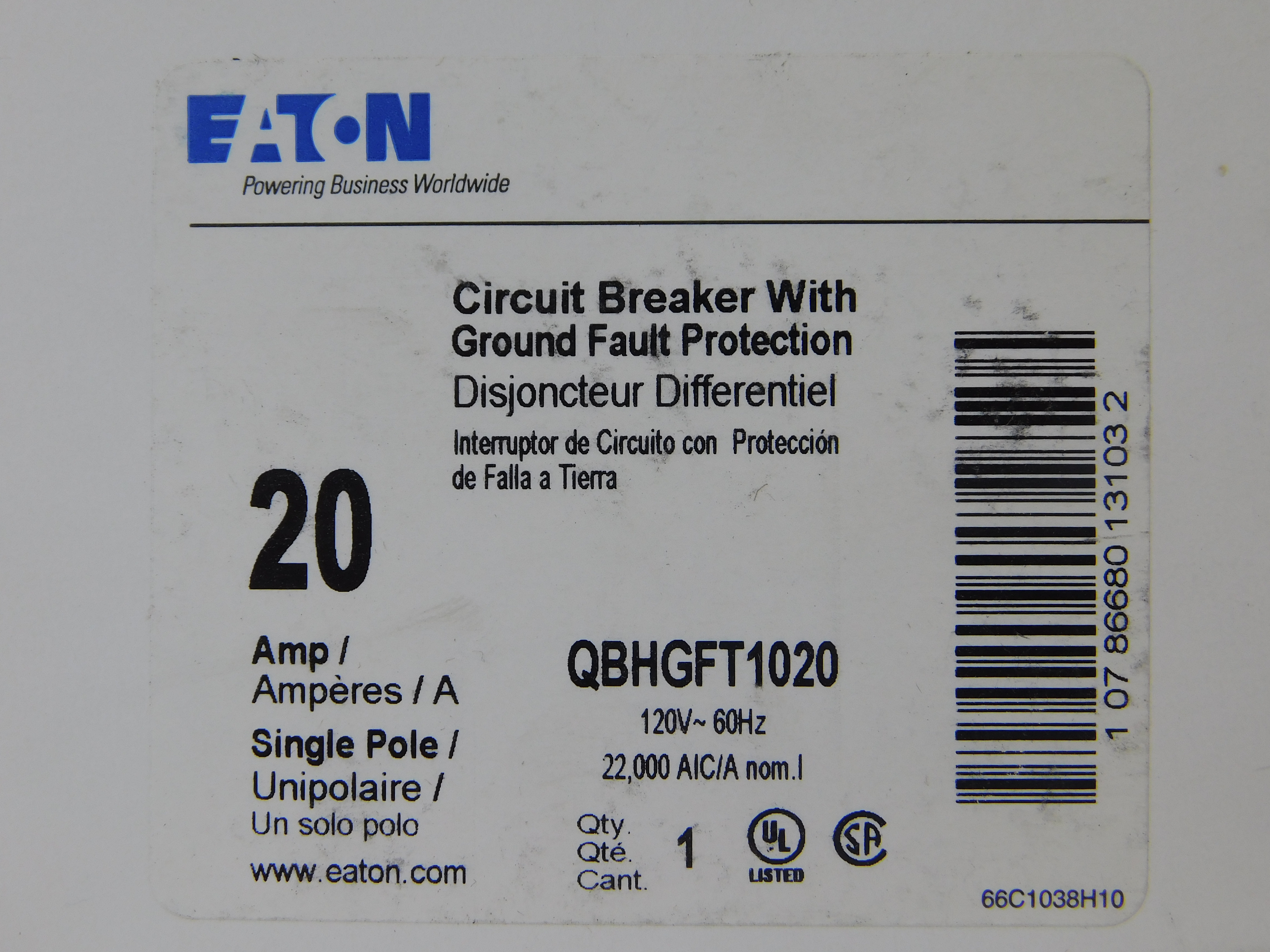 Eaton QBHGFT1020 Ground Fault Circuit Breaker (Used)