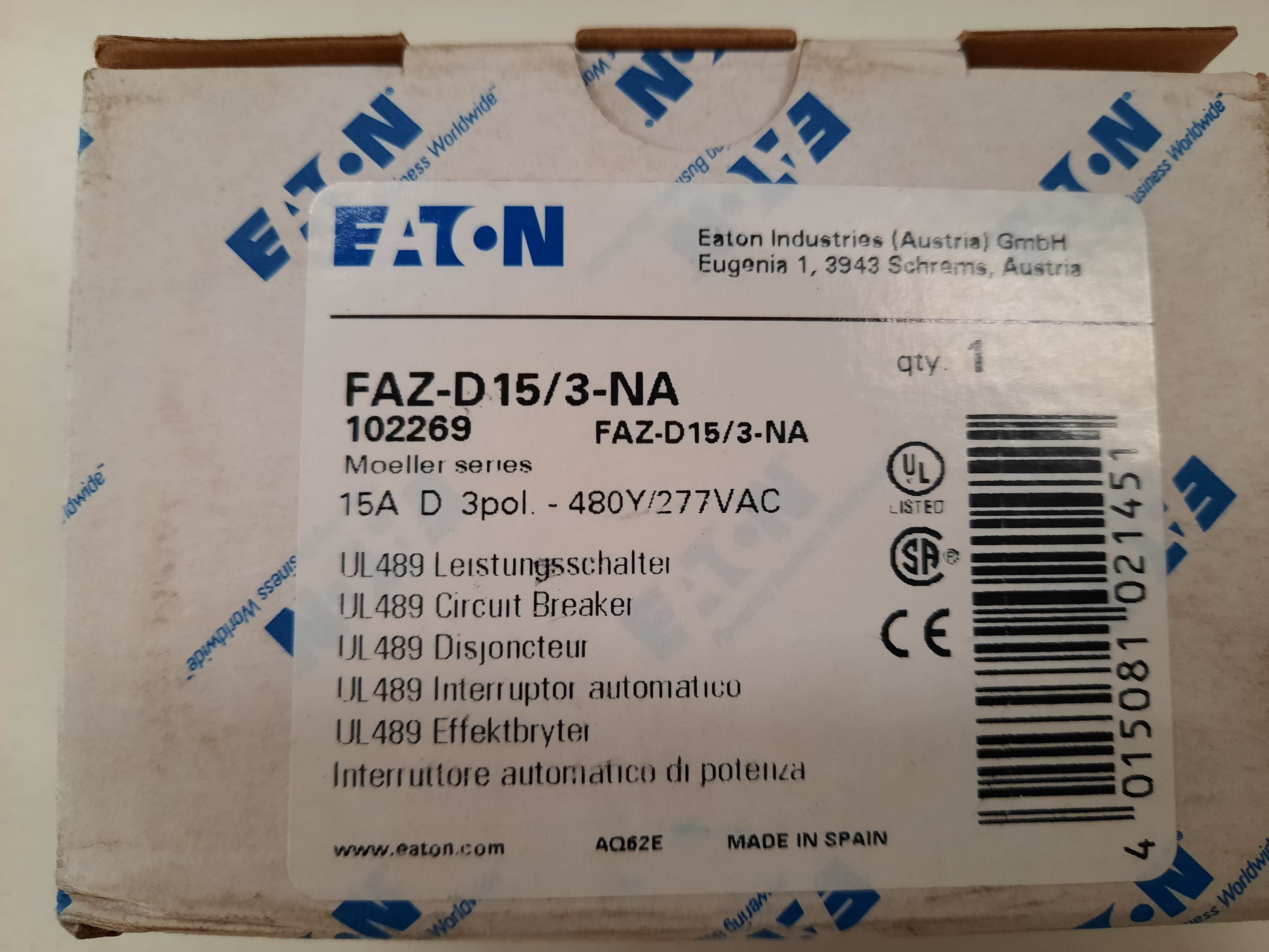 Eaton FAZ-D15/3-NA Miniature Circuit Breaker
