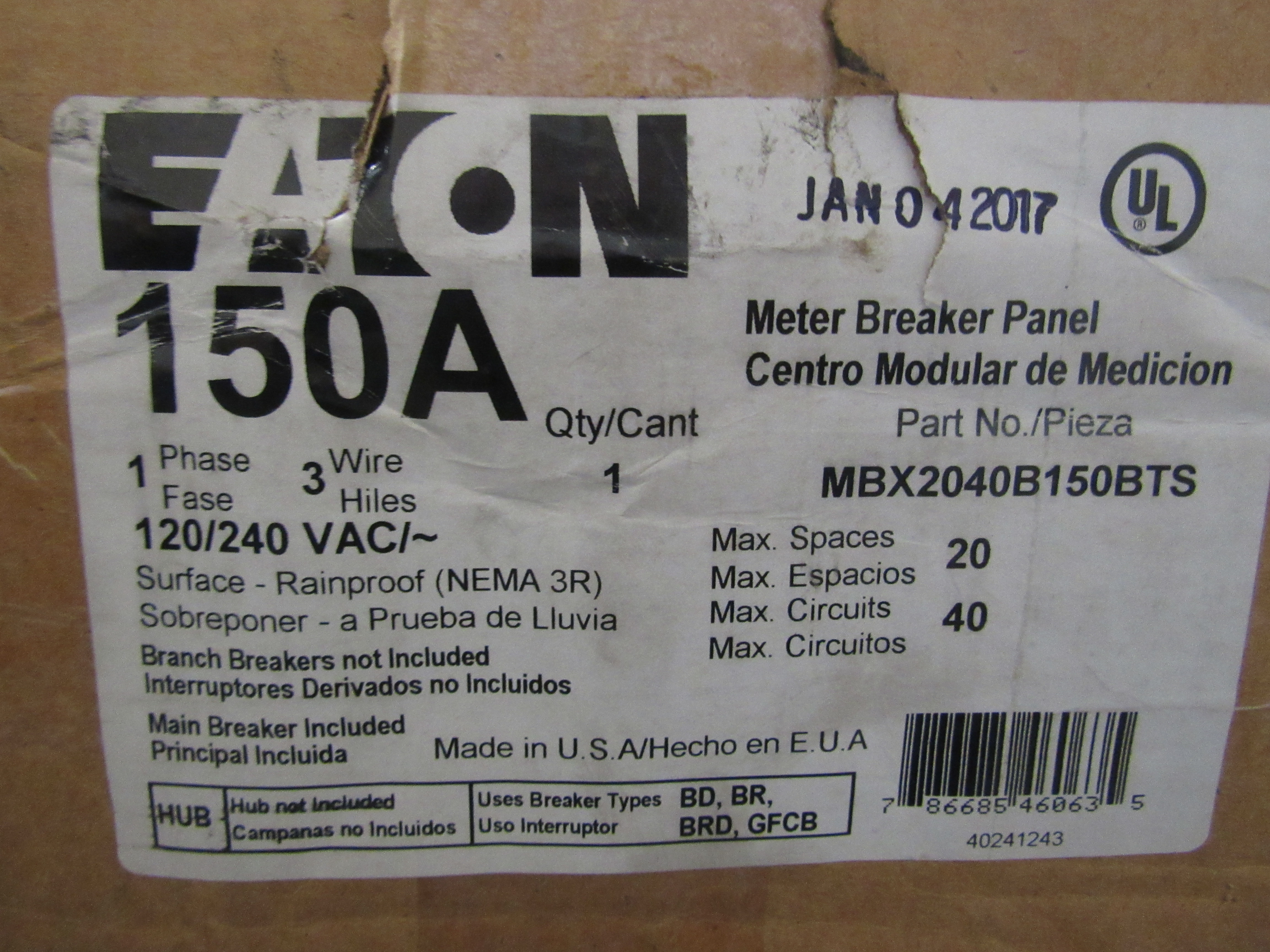 Eaton MBX2040B150BTS Meter Circuit Breaker