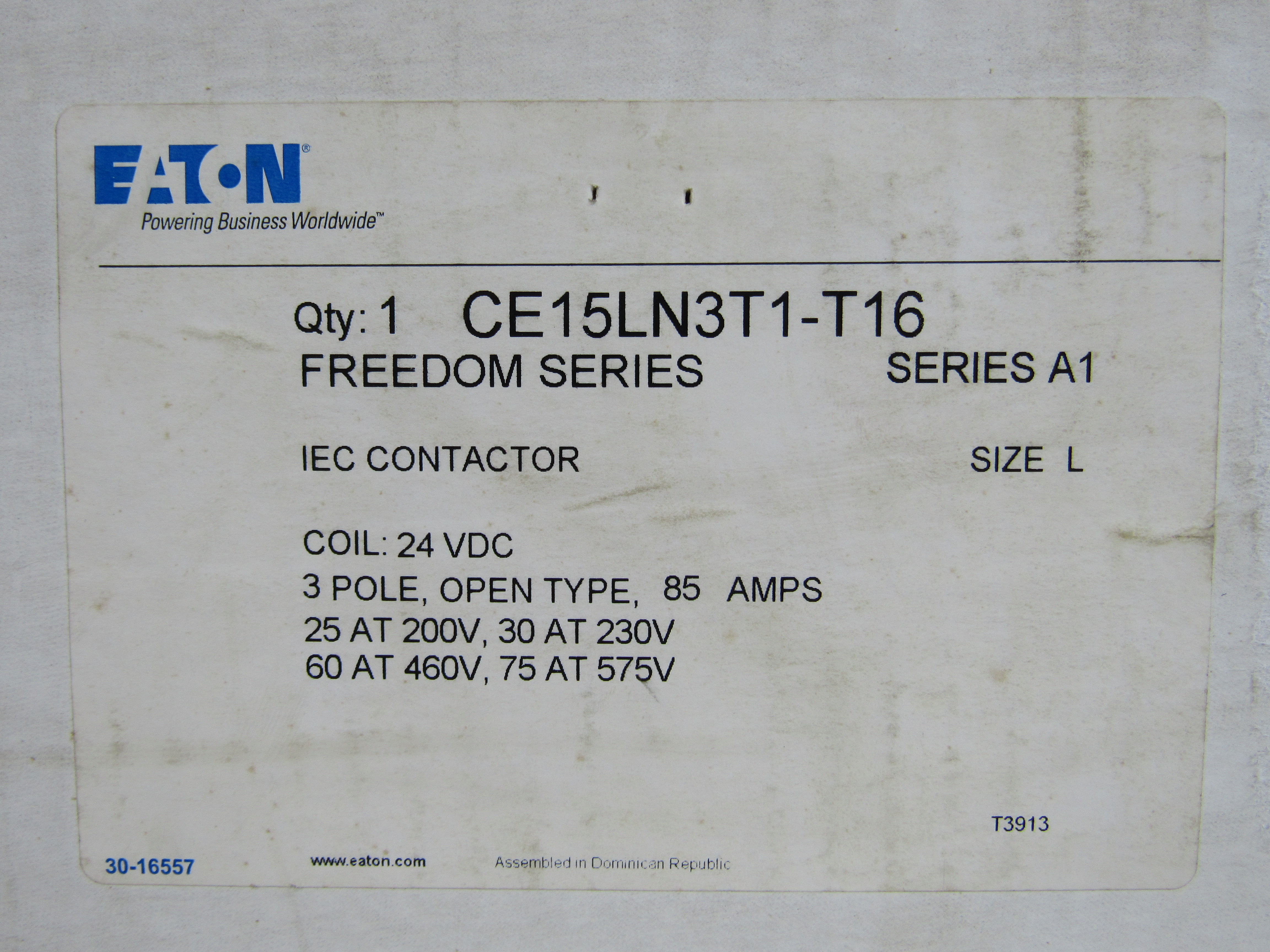 Eaton CE15LN3T1-T16 Other Contactors 3P 85A 24VDC 3Ph 75HP L Frame