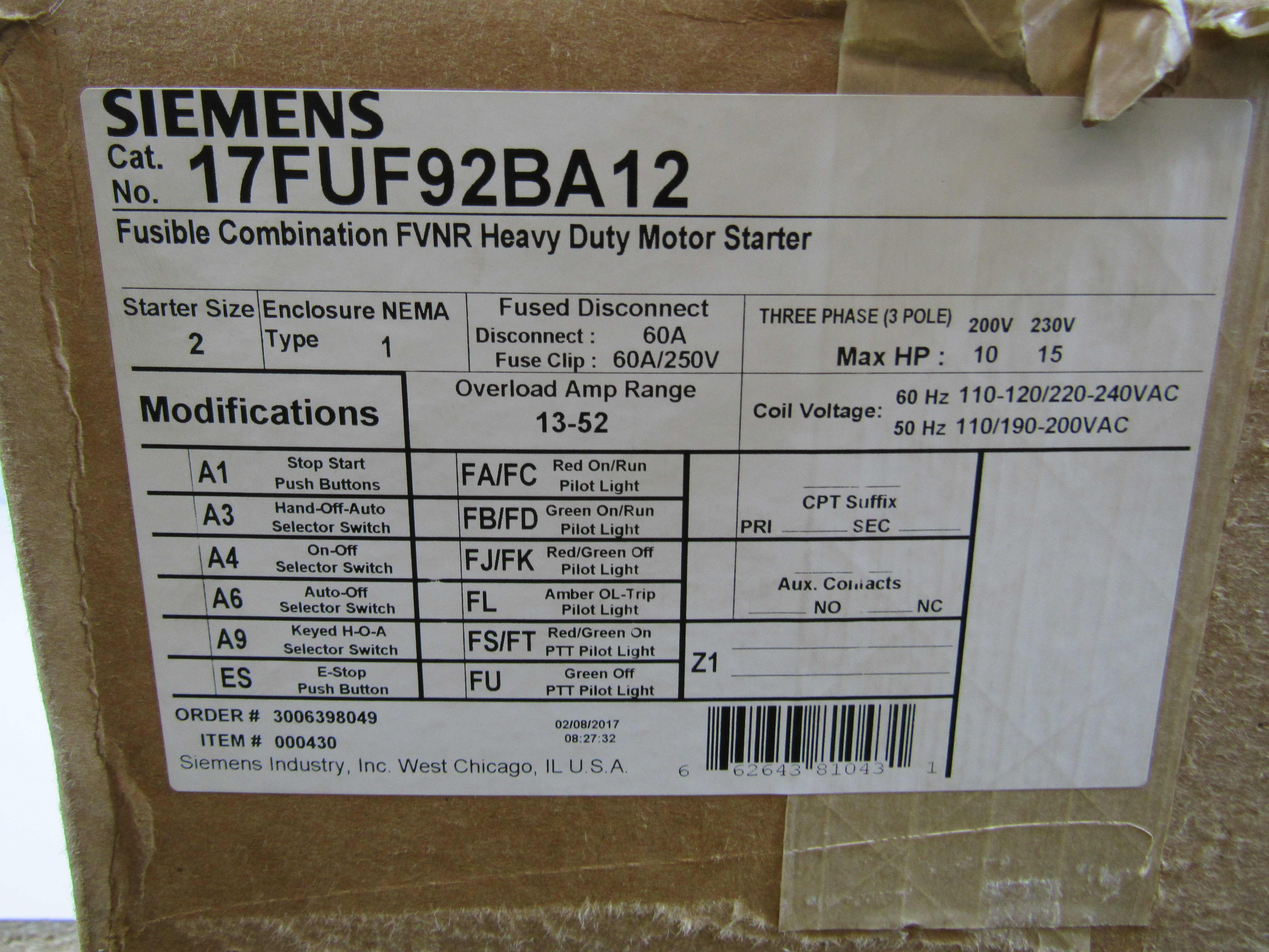 Siemens 17FUF92BA12 Combination Starters