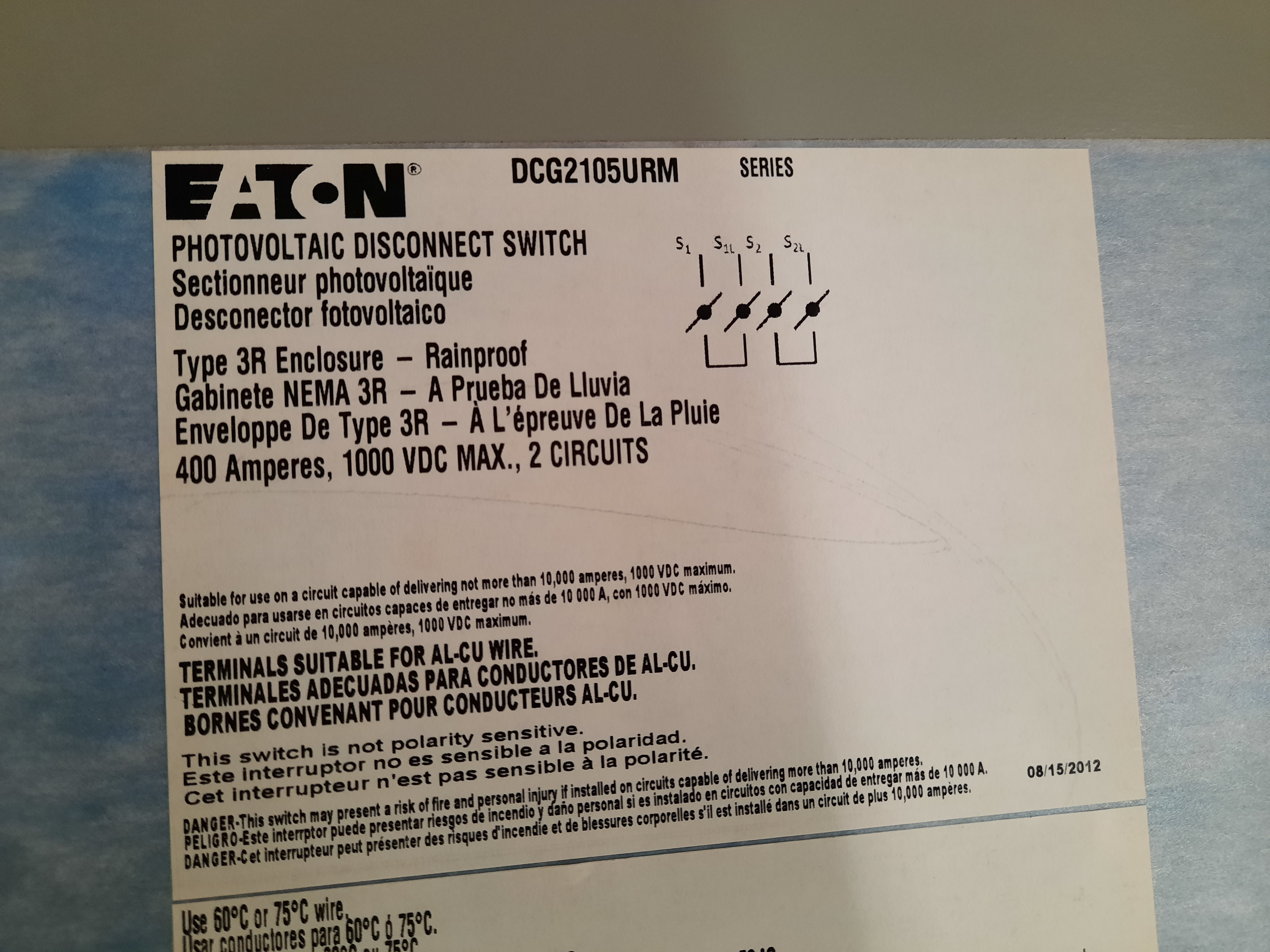 Eaton DCG2105URM Disconnect Switches Heavy Duty DC Disconnect 2P 400A 1000V 50/60Hz Non Fusible NEMA 3R Photovoltaic Disconnect