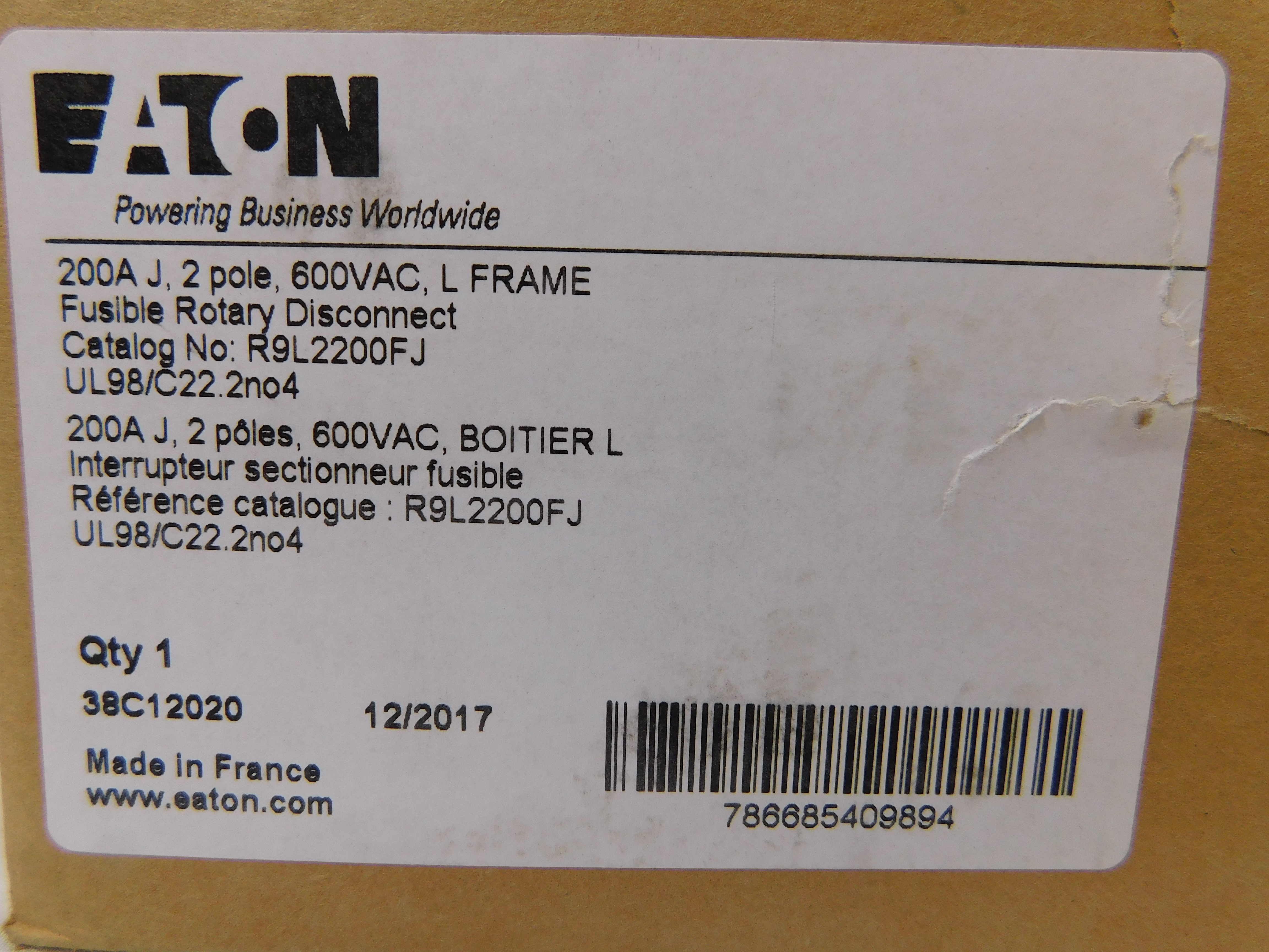Eaton R9L2200FJ Disconnect Switches 2P 200A 600V 50/60Hz L Frame Fusible
