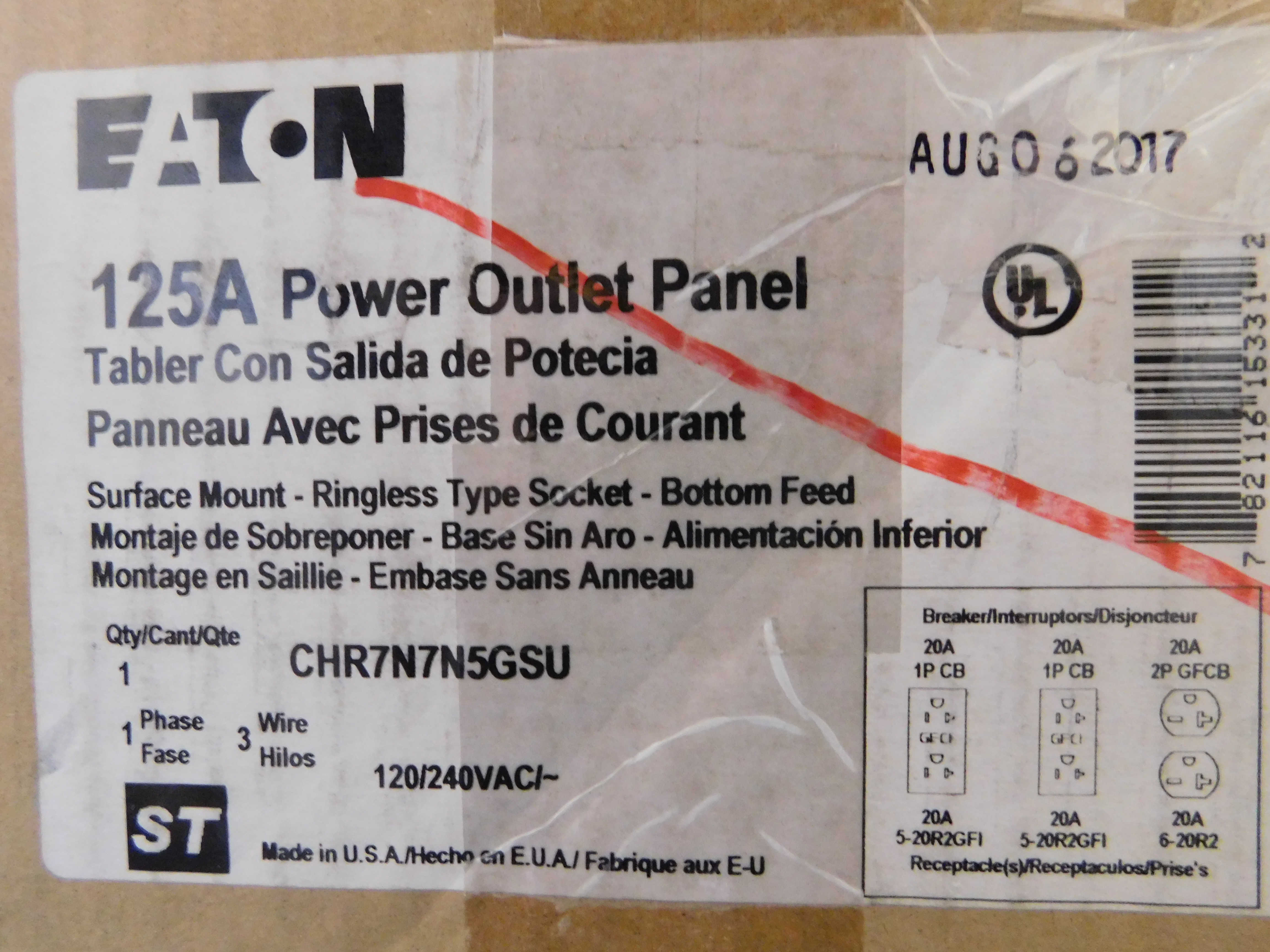 Eaton CHR7N7N5GSU Power Outlet Panels Ringless 125A 240V 50/60Hz 1Ph 3Wire EA Eaton CHR7N7N5GSU Power Outlet Panels Ringless 125A 240V 50/60Hz 1Ph 3Wire EA