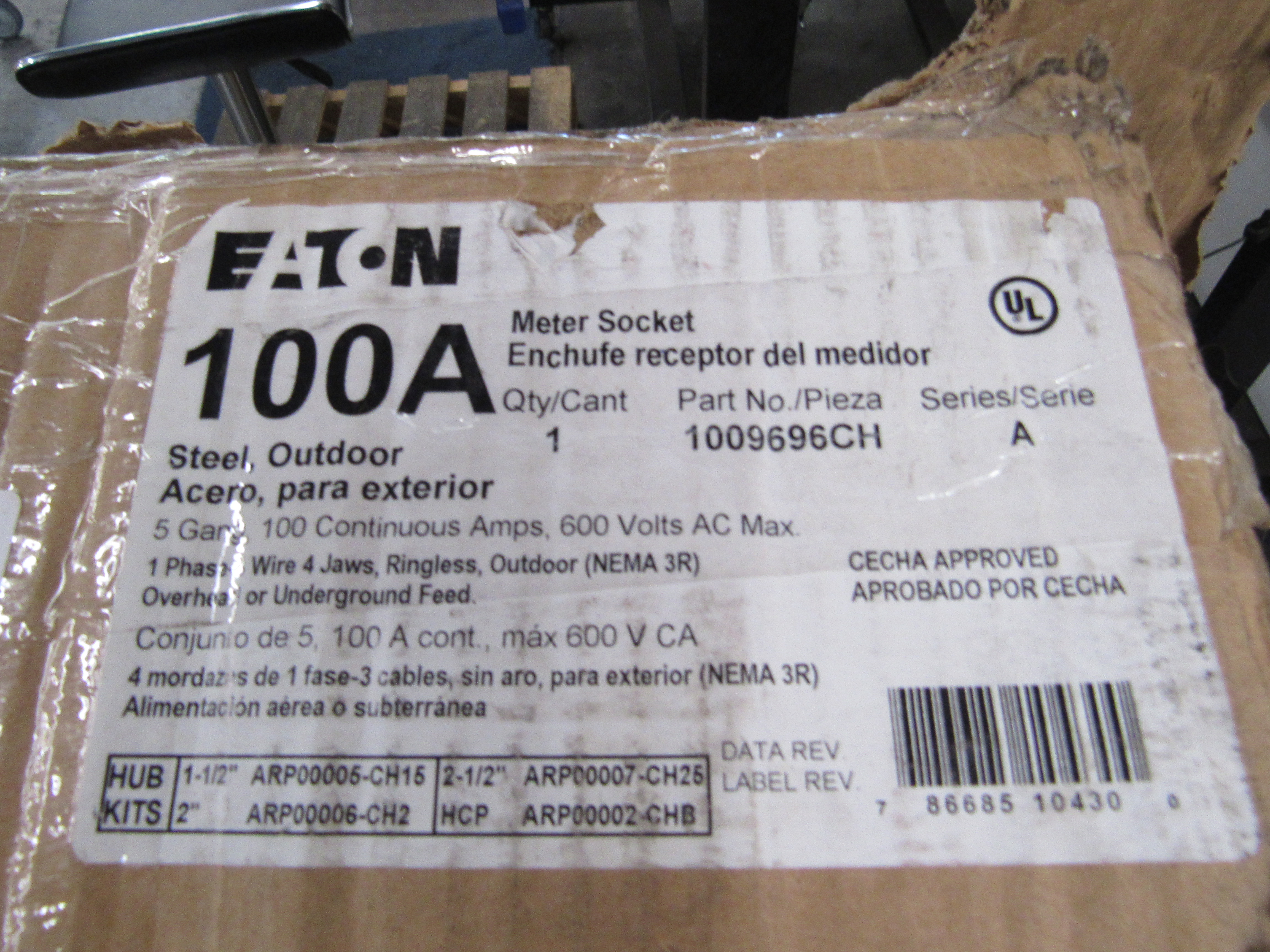 Eaton 1009696CH Meter Sockets Gang Position Meter Socket 100A 600V 50/60Hz 1Ph 3Wire EA