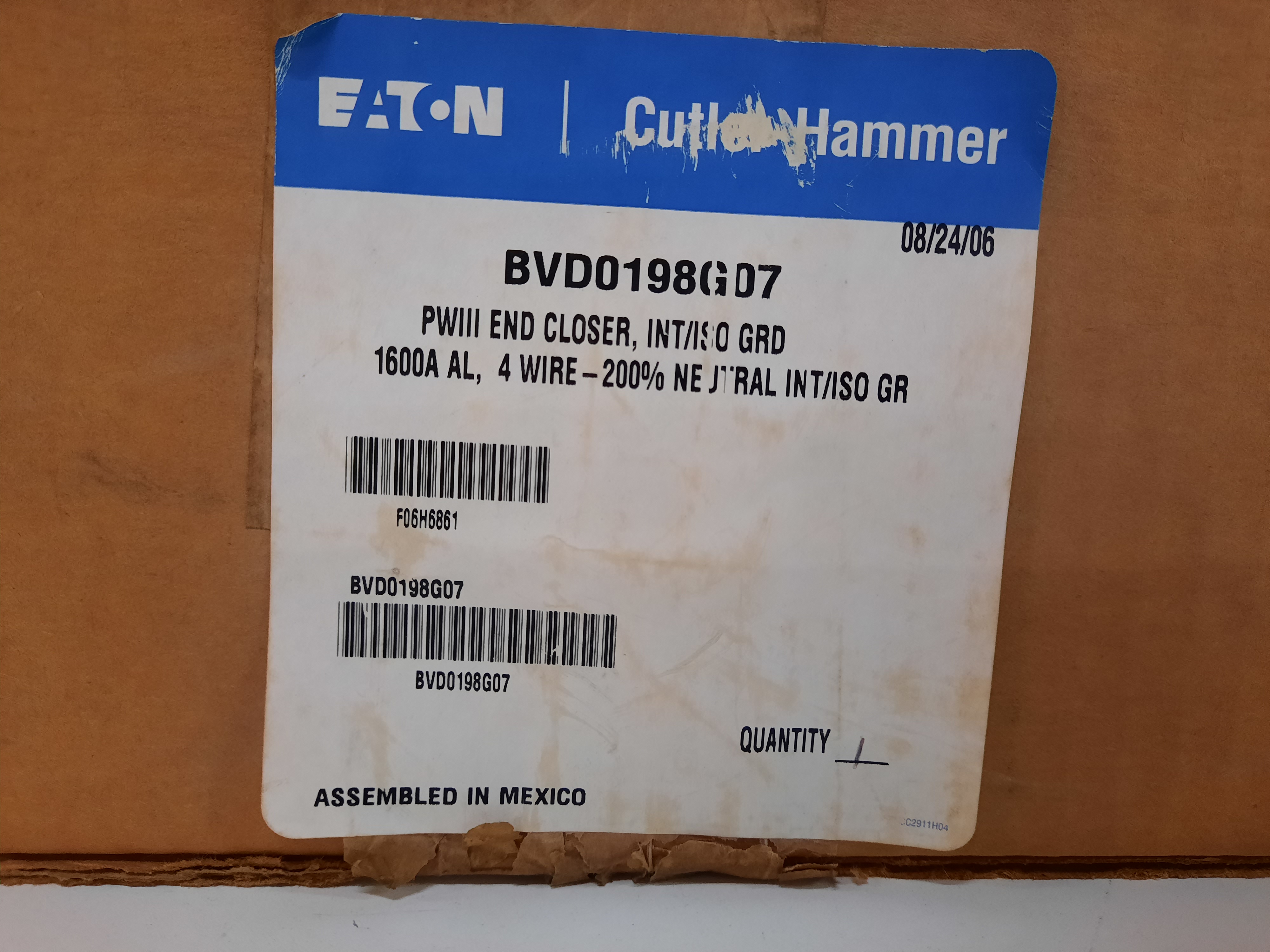 Eaton BVD0198G07 Bus Plugs and Busway End Closer Assy 1600A