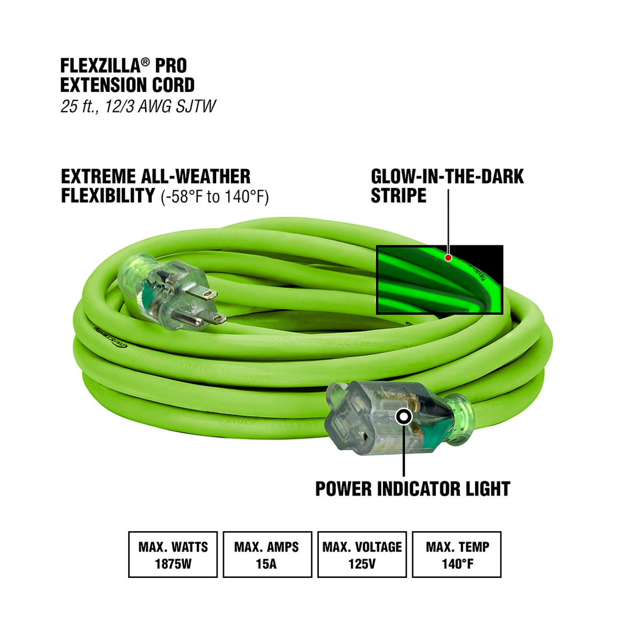 Flexzilla® Pro Extension Cord, 12/3 AWG SJTW, 25′, Outdoor, Lighted Plug, ZillaGreen™,FZ512825