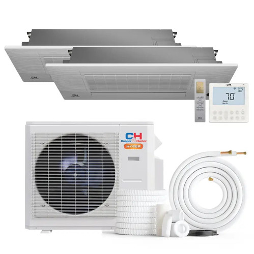 White Cooper & Hunter ductless mini split 2-zone cassette AC unit
