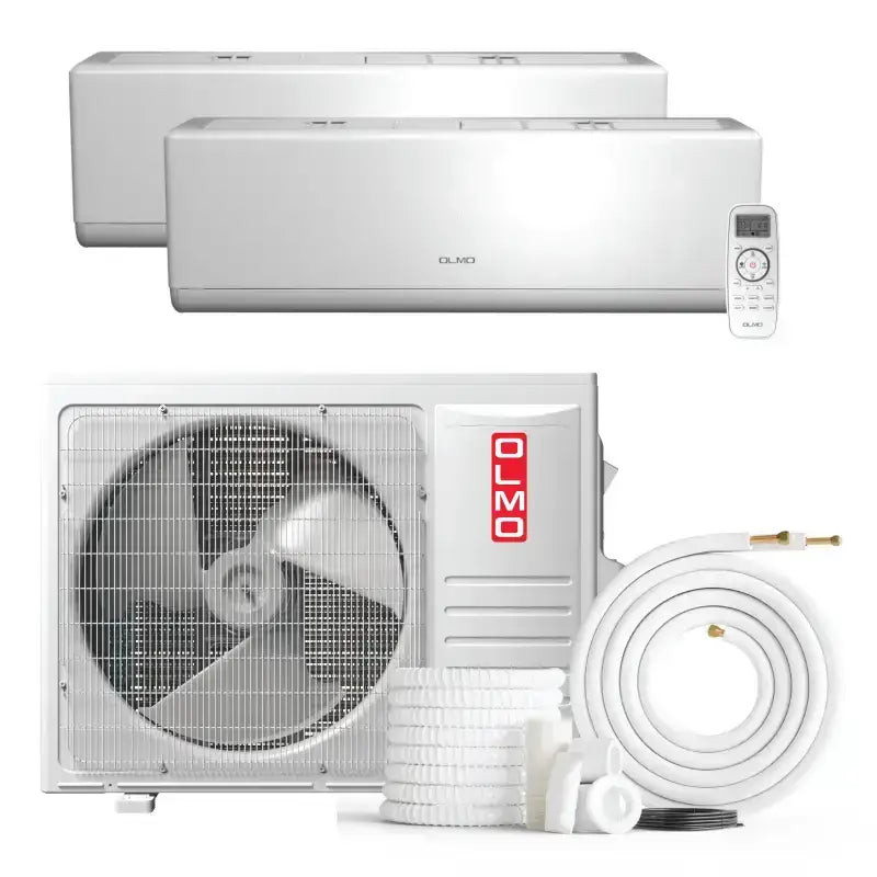 White OLMO Sierra 2-zone 27k BTU mini split AC with sleek design & remote