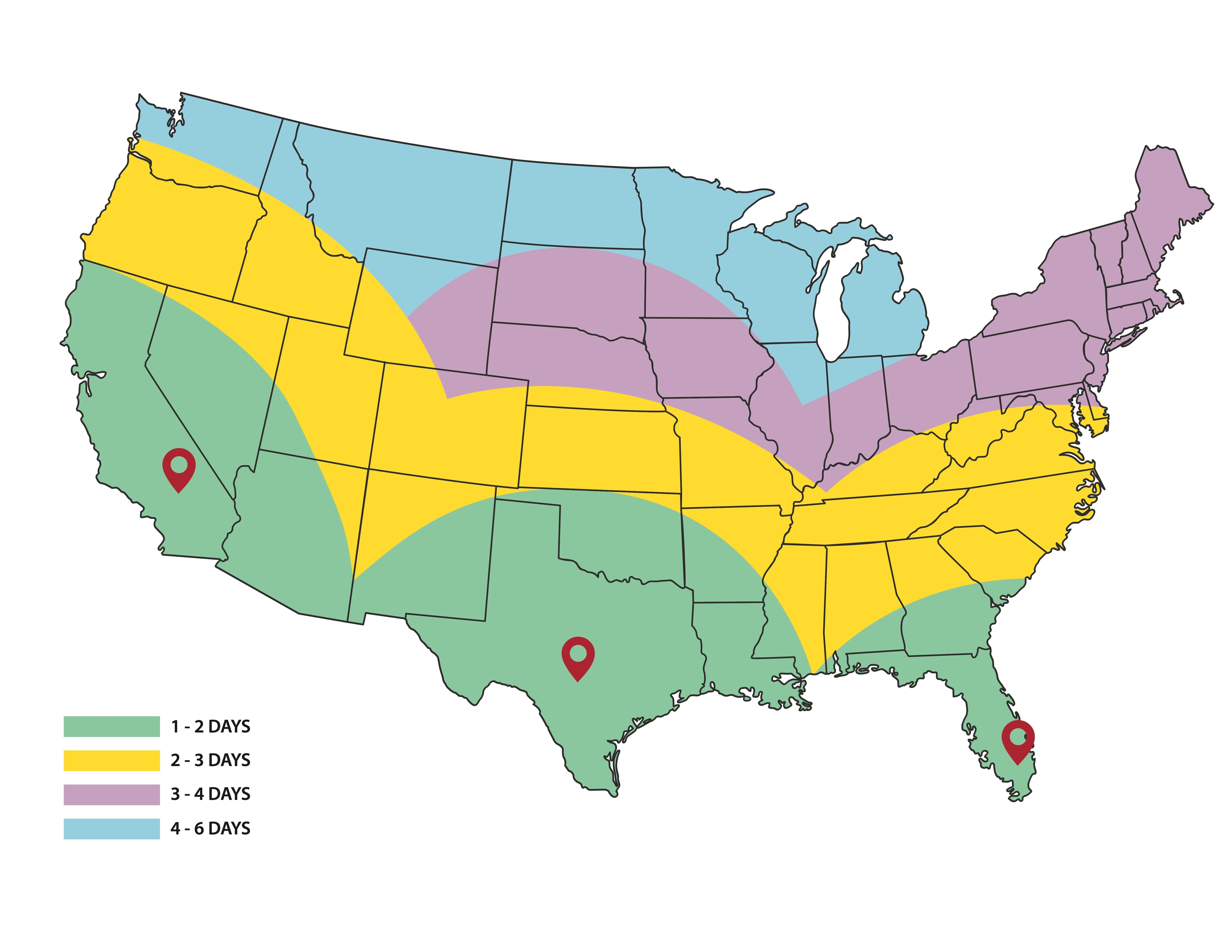 US map showing 4 shipping zones with estimated delivery times from our 3 warehouse locations