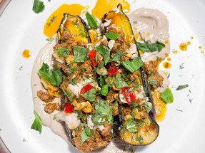 Roasted Eggplant with Spiced Lamb and Black Garlic Yogurt Sauce 