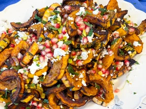 Roasted Delicata Squash with Five-Spice, Pistachios, Feta, & Pomegranate Recipe