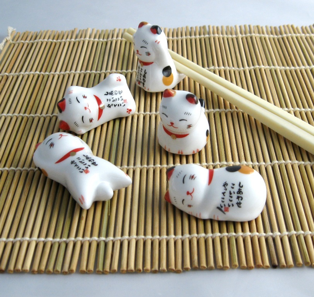 Lucky Cat Ceramic Chopstick Holders, 5 Pc Set