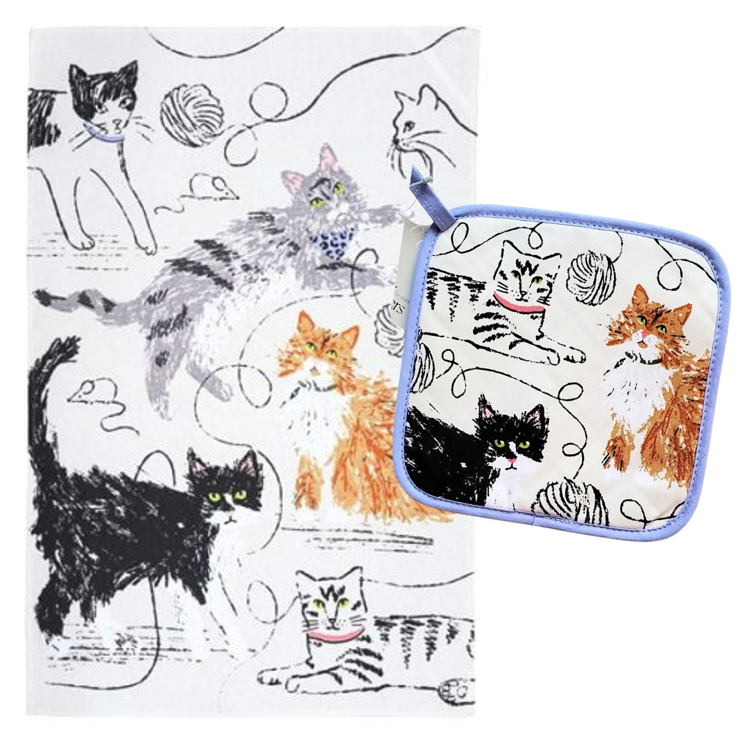 猫とかぼちゃのアートトレイ　テーブルマット　ポリプロピレン　MONZA R2S Feline Friends Tea Towel and Potholder Kitchen Set, 2 Pc