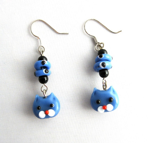 Cat Face Drop Earrings, Blue Lampwork Beads