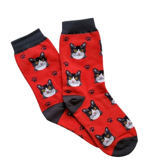 Black & White Tuxedo Cat Unisex Socks, Red