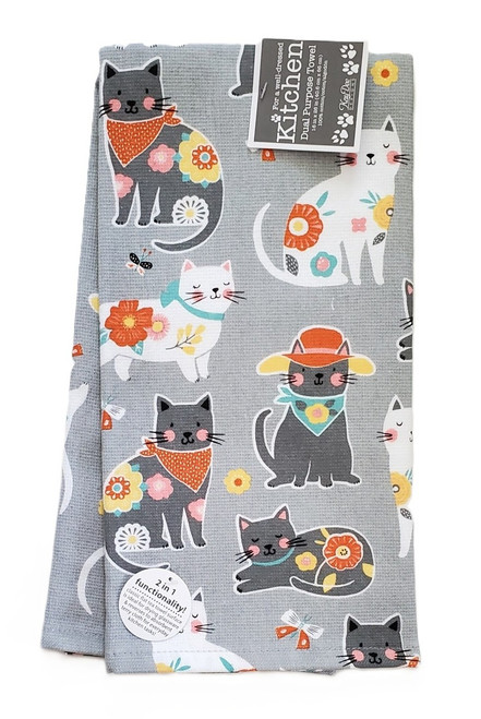 Cat Patch Dual Purpose Terry Kitchen Tea Towel, Floral Cats