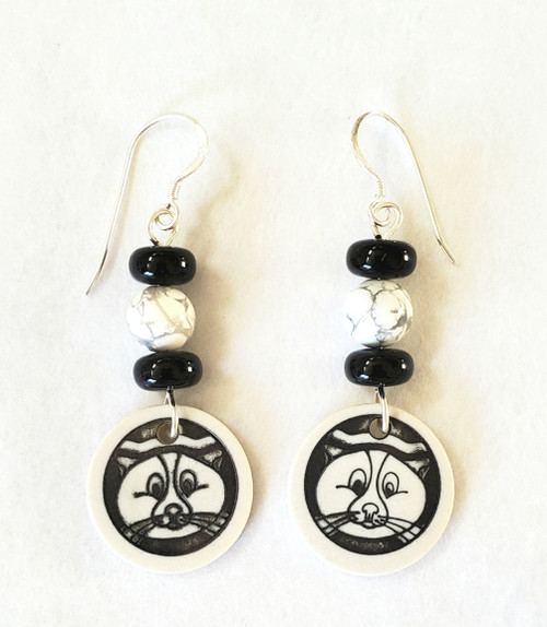 Cat Face Porcelain Disc Bead Dangle Earrings, White and Black