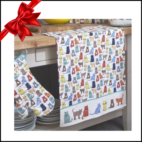 Cat Walk Design Tea Towel and Oven Mitt Set