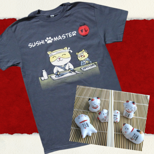 Sushi Master T-Shirt + Ceramic Chopstick Holders Set
