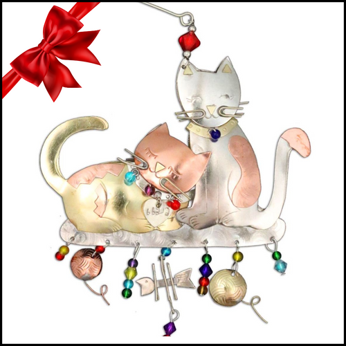 Meow Love Metal Cat Ornament with Colored Bead Accents 