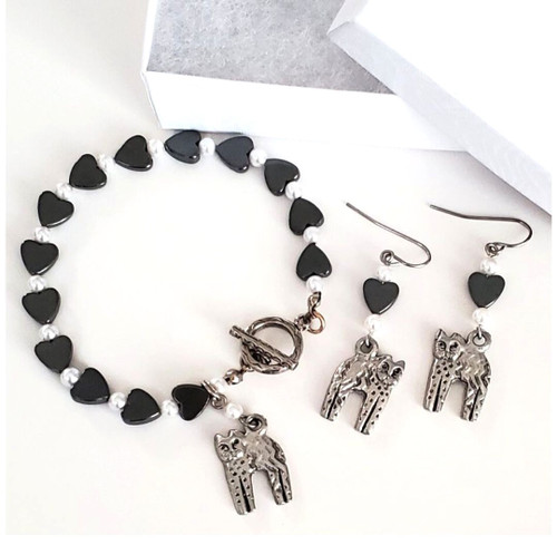 Hematite Heart Bracelet and Dangle Earrings with Cat Charm