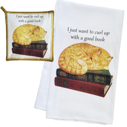 Cat On Books Flour Sack Towel & Potholder Kitchen Set