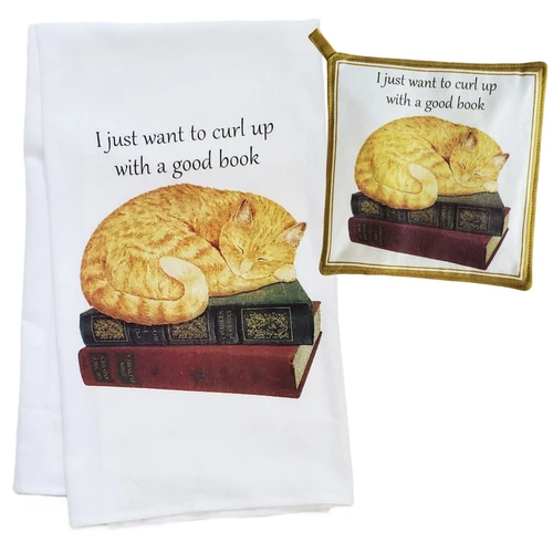 Cat on Books Kitchen Set of Two, Towel and Potholder