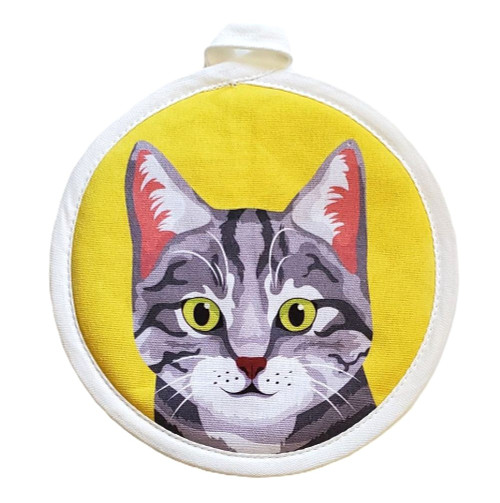 NEW! Gray Tabby Cat Face Round Pot Mitt