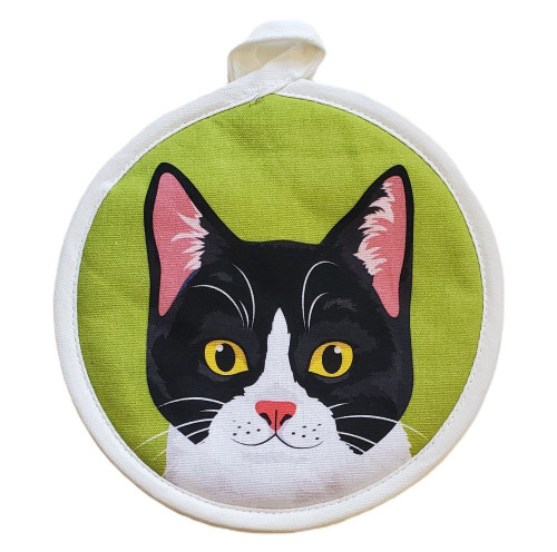 NEW! Tuxedo Black & White Cat Face Round Pot Mitt
