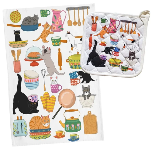 NEW! Kitties In The Kitchen Cotton Tea Towel and Potholder Set