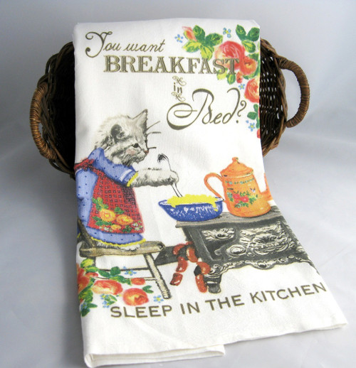 Breakfast In Bed Cat Flour Sack Dish Towel