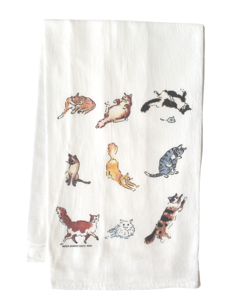 Cat Tea Towel Organic Cotton Flour Sack Towel Screen Printed Unpaper Towel  Kitchen Towels Sleeping Kitten Red Print 