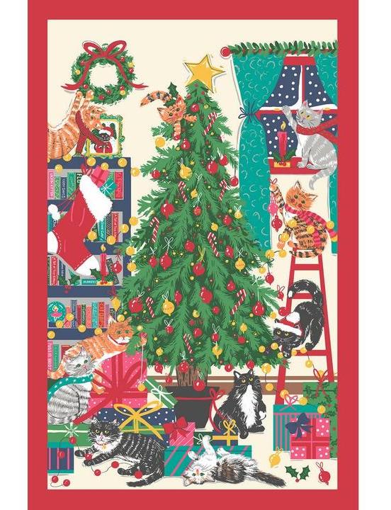 Vintage Hiltex Hand Kitchen Towel Christmas Terry Cloth Cotton Cat Band  Tree 