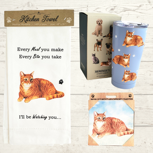 Orange Tabby Cat Gift Set featuring tumbler, towel and coaster