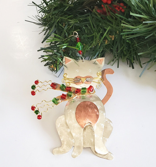 Merry Catmas Metal Cat Ornament with colored beads.