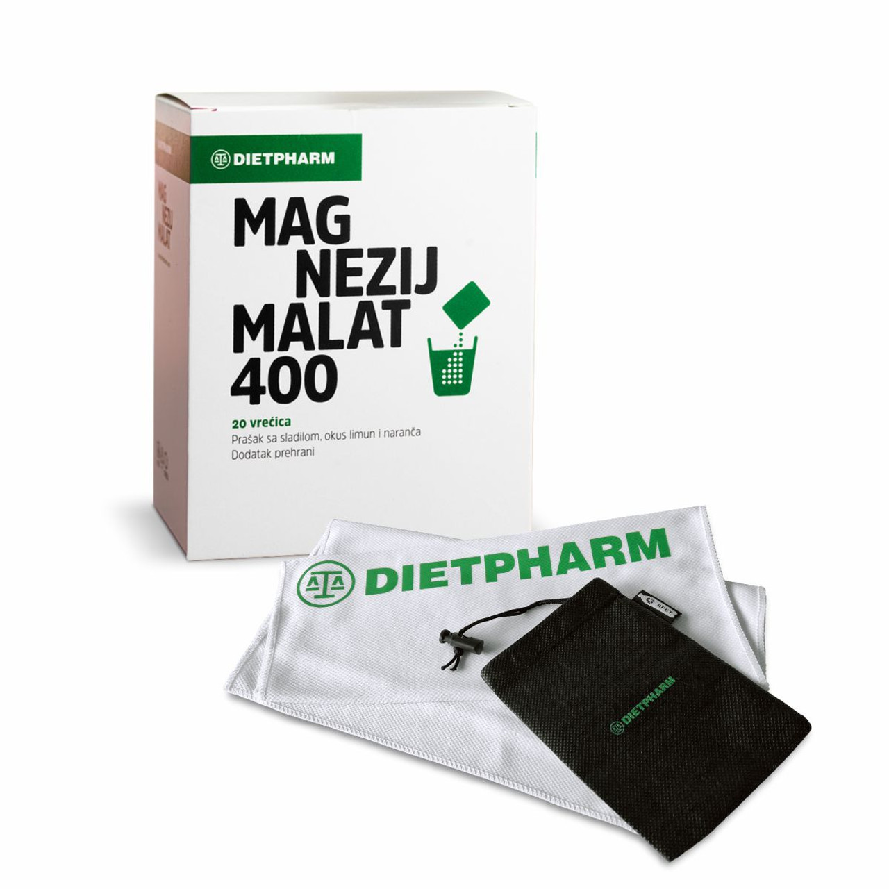 Dietpharm Magnezij Malat 400 vrećice s gratis sportskim ručnikom