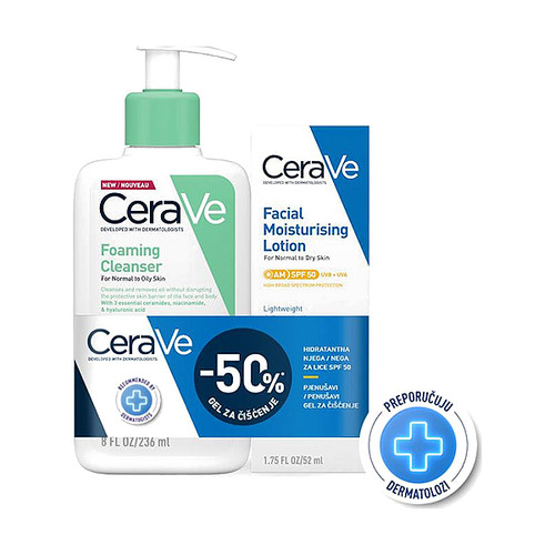CeraVe Pjenušavi gel 236 ml + CeraVe Hidratantna njega za lice za normalnu do suhu kožu SPF50 52 ml