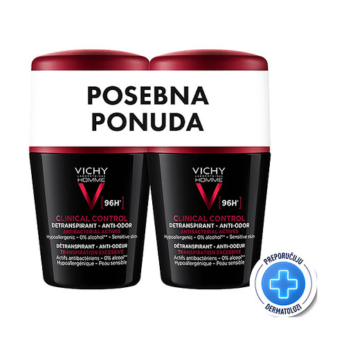 Vichy Homme Clinical Control Dezodorans protiv znojenja do 96h,  2 x 50 ml , posebna ponuda