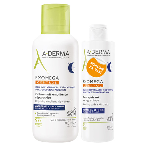 A-Derma Exomega Control noćna krema 400 ml + Poklon umirujuća kupka protiv grebanja 200 ml